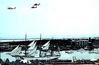 Watercolor of USCG Eagle with helicopter flyover